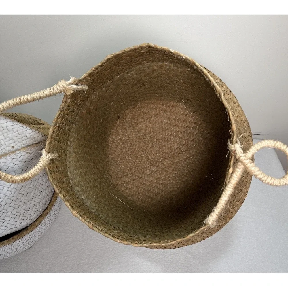Woven Wicker Seagrass Belly Plant Basket Tan/White Indoor Outdoor Storage New